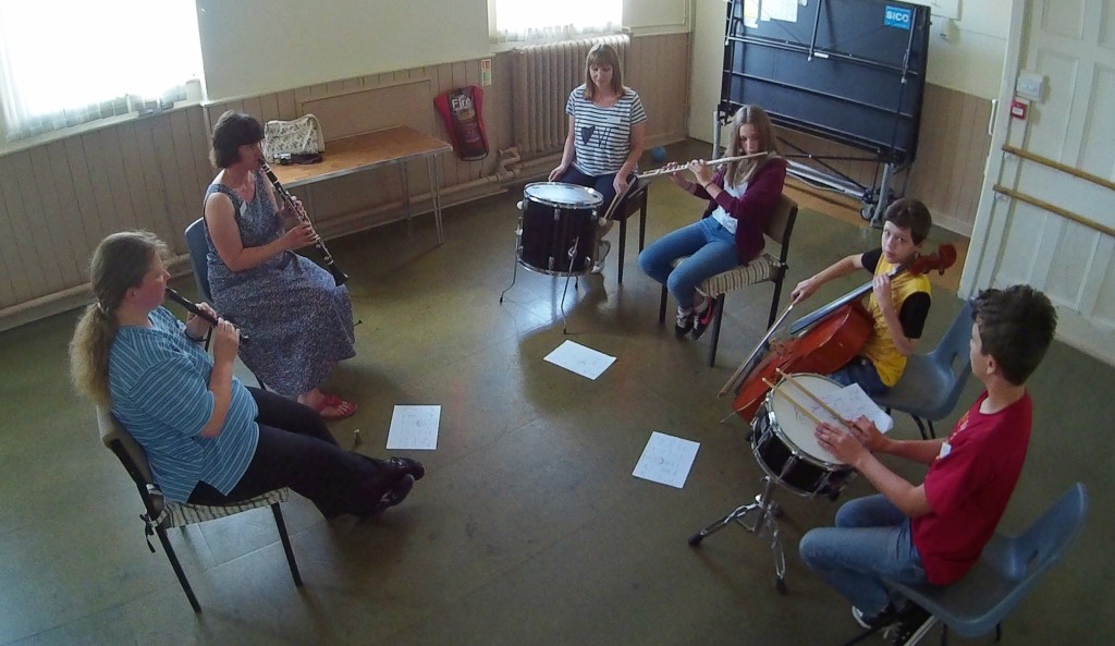 A 6-piece group from Magna Music Band learning improvisation techniques at their 2015 Summer Music Week