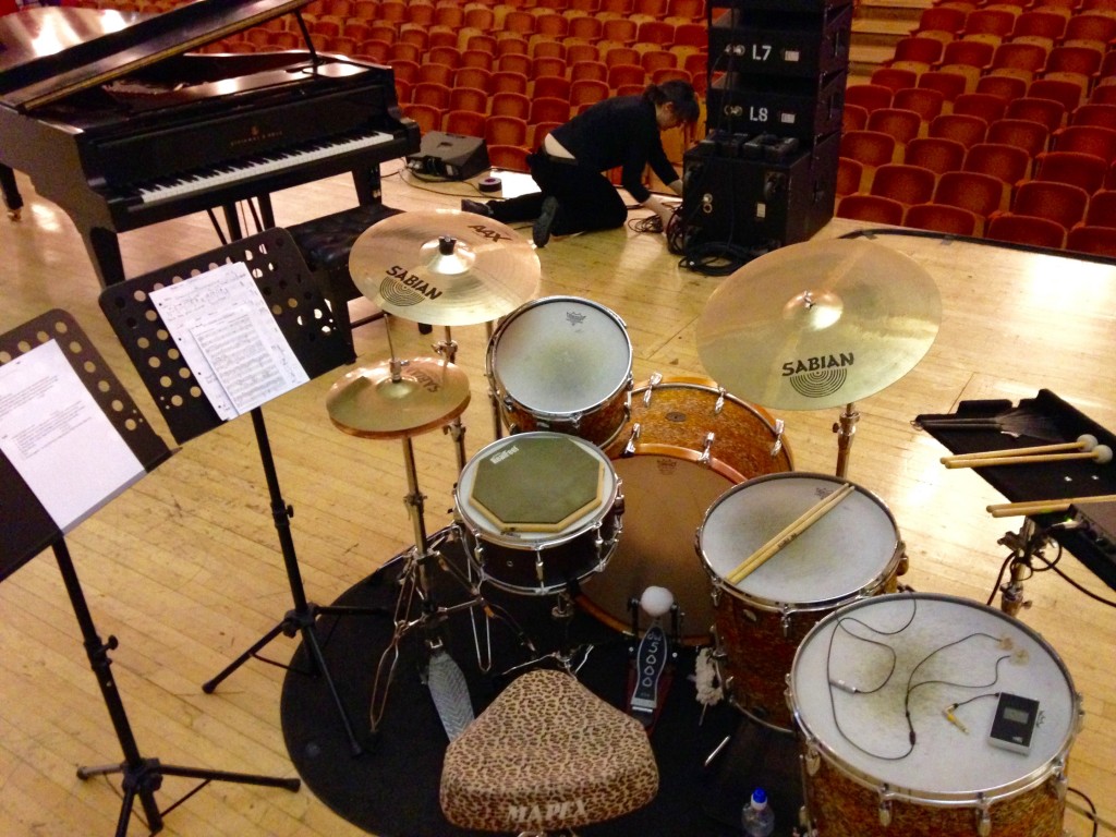 Lee Allatson's drum kit set up, player's side view. One Voice For Care, 2015