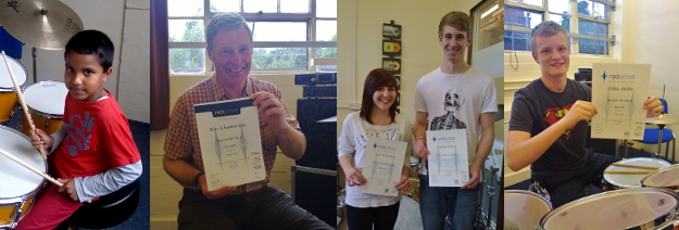 A collage of five students at Dye House Drum Works, with exam certificates.