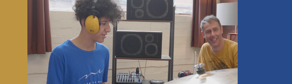 Lee Allatson pictured giving a drum lesson at the Dye House Drum Works drum school in Leicester.